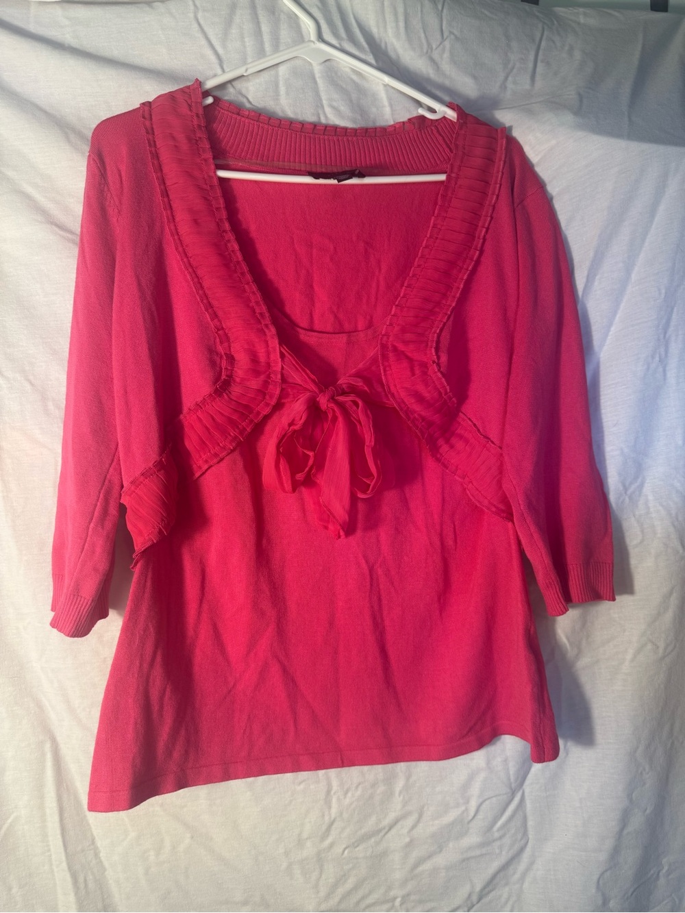 Investments Hot Pink Mock Layer Tie Front Sweater Ruffle Shrug Knit Top Size L